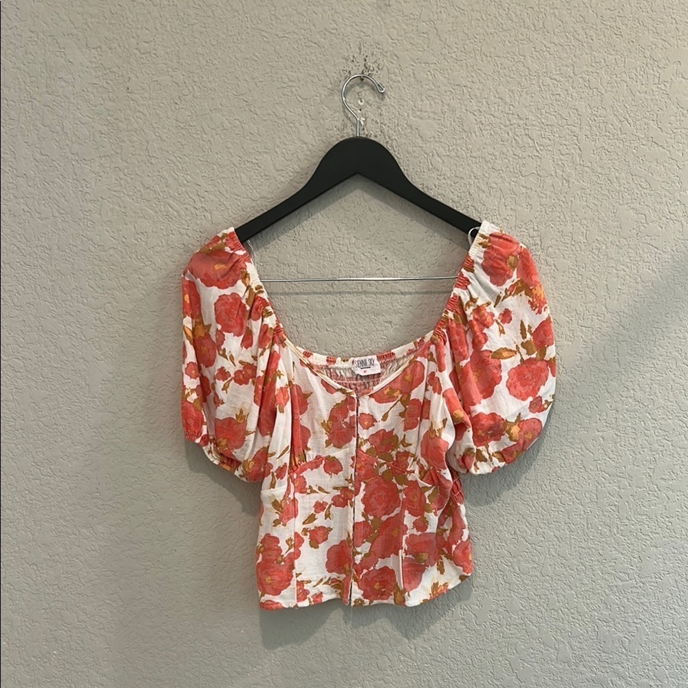 Sienna Sky Smocked Puff Sleeve Blouse in Orange and White SIZE M